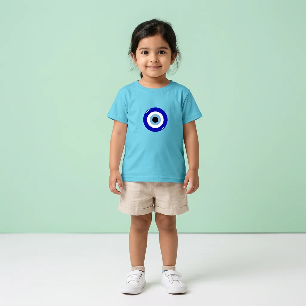 Girl wearing Evil Eye Kids Tshirt sky blue coloured