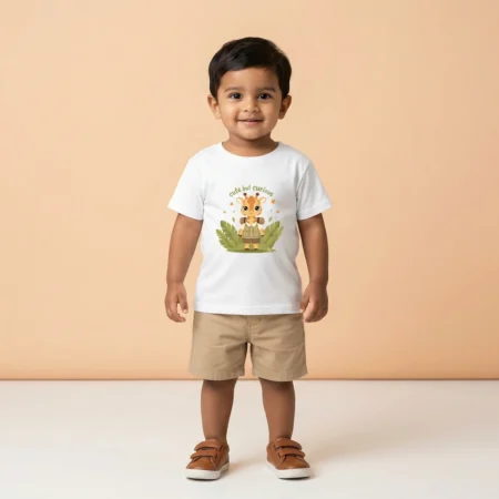 Boy wearing Gigi Giraffe Kids Tshirt white coloured