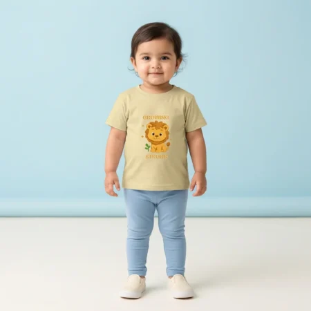 Girl wearing Lion Kids Tshirt biege coloured