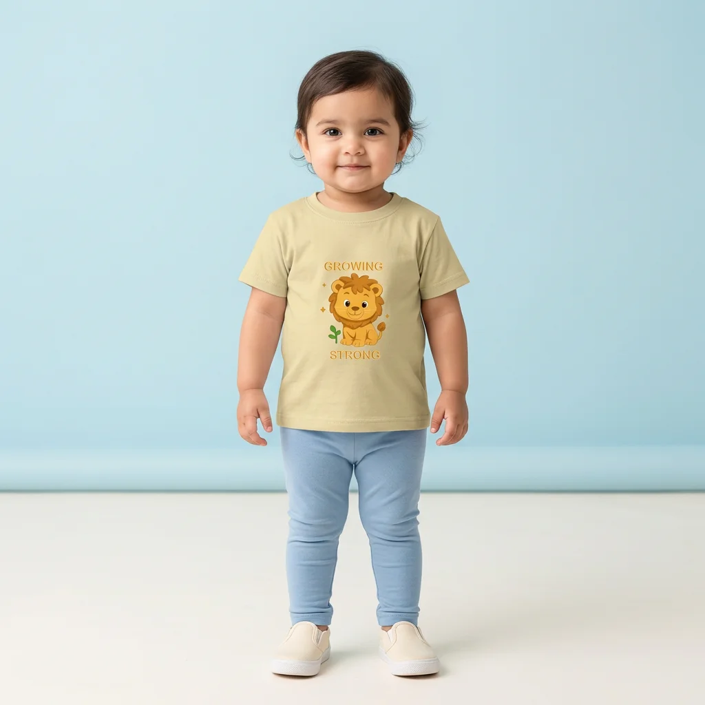 Girl wearing Lion Kids Tshirt biege coloured