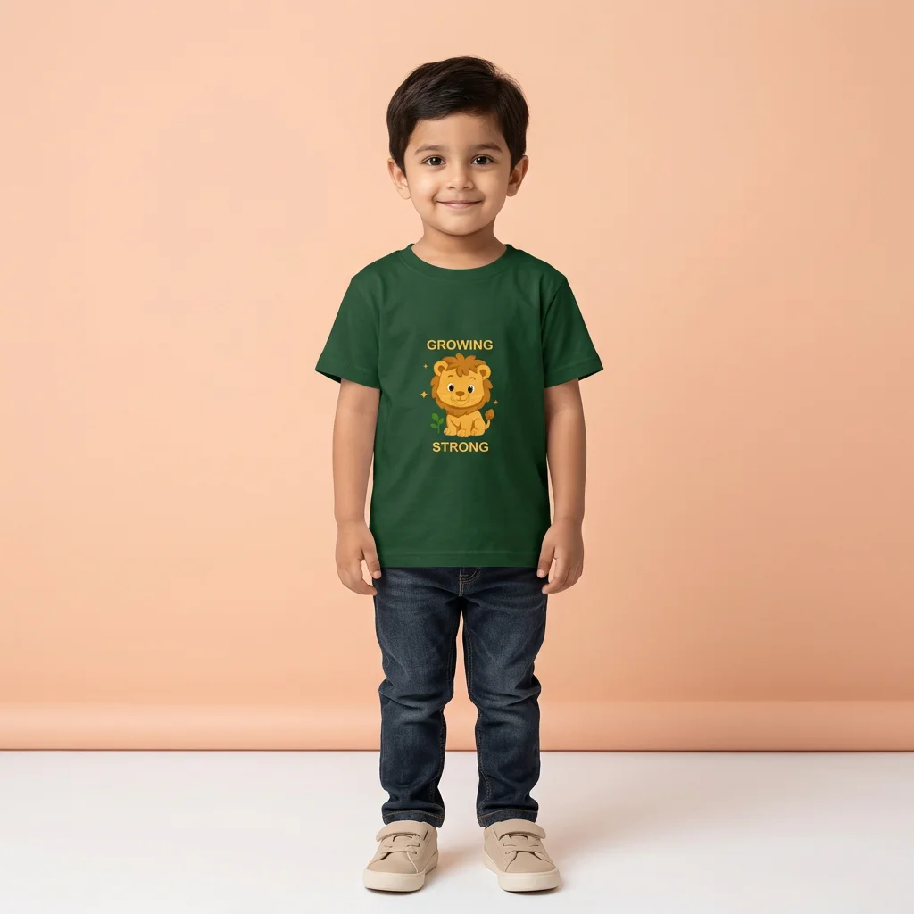 Boy wearing Lion Kids Tshirt bottle green coloured