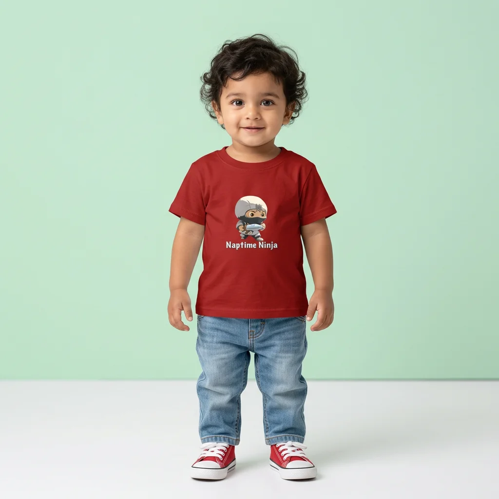 Boy wearing a Naptime Ninja Kids Tshirt Red coloured