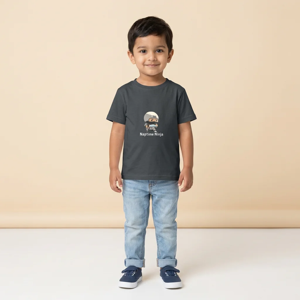 Boy wearing a Naptime Ninja Kids Tshirt steel grey coloured