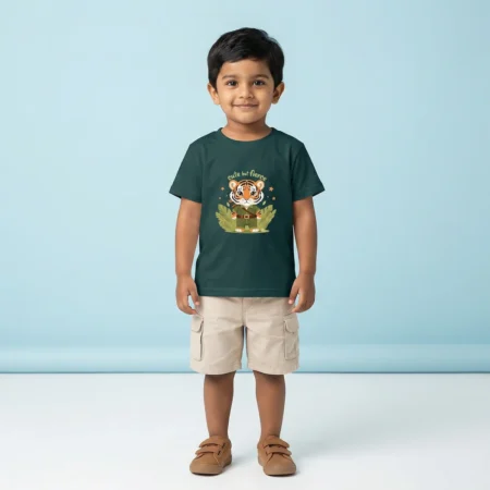 Boy wearing Tiger kids tshirt bottle green coloured