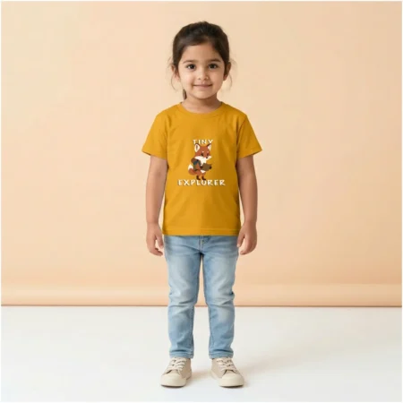 Girl wearing Tiny explorer Kids Tshirt golden yellow coloured