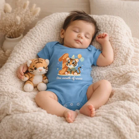 1 month baby milestone romper with tiger illustration - unisex newborn photoshoot outfit for boys and girls