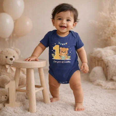 1 year baby milestone romper with bear illustration - unisex first birthday outfit for babies