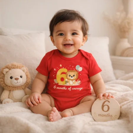 6 month baby milestone romper with lion illustration - unisex baby photoshoot outfit