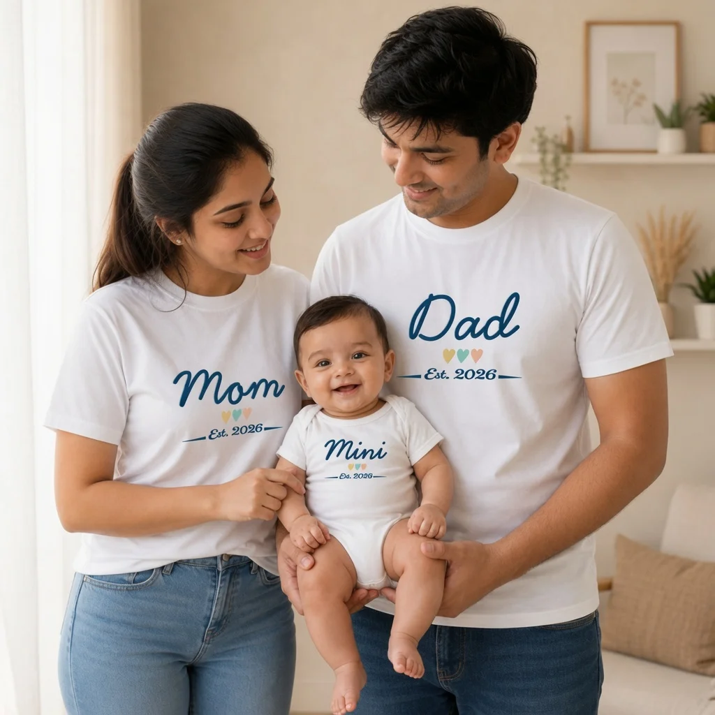 Family photo of Mom, Dad & Baby wearing matching family set