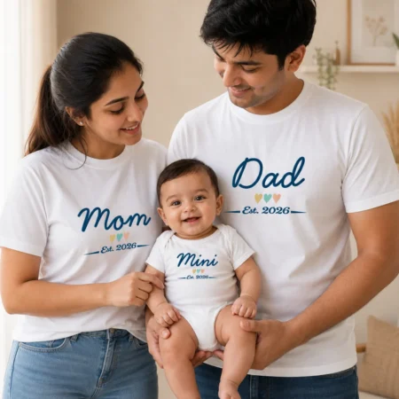 Mom, Dad & Mini Est. 2026 Family Matching Set featuring coordinated T-shirts and baby romper in a family lifestyle photoshoot.