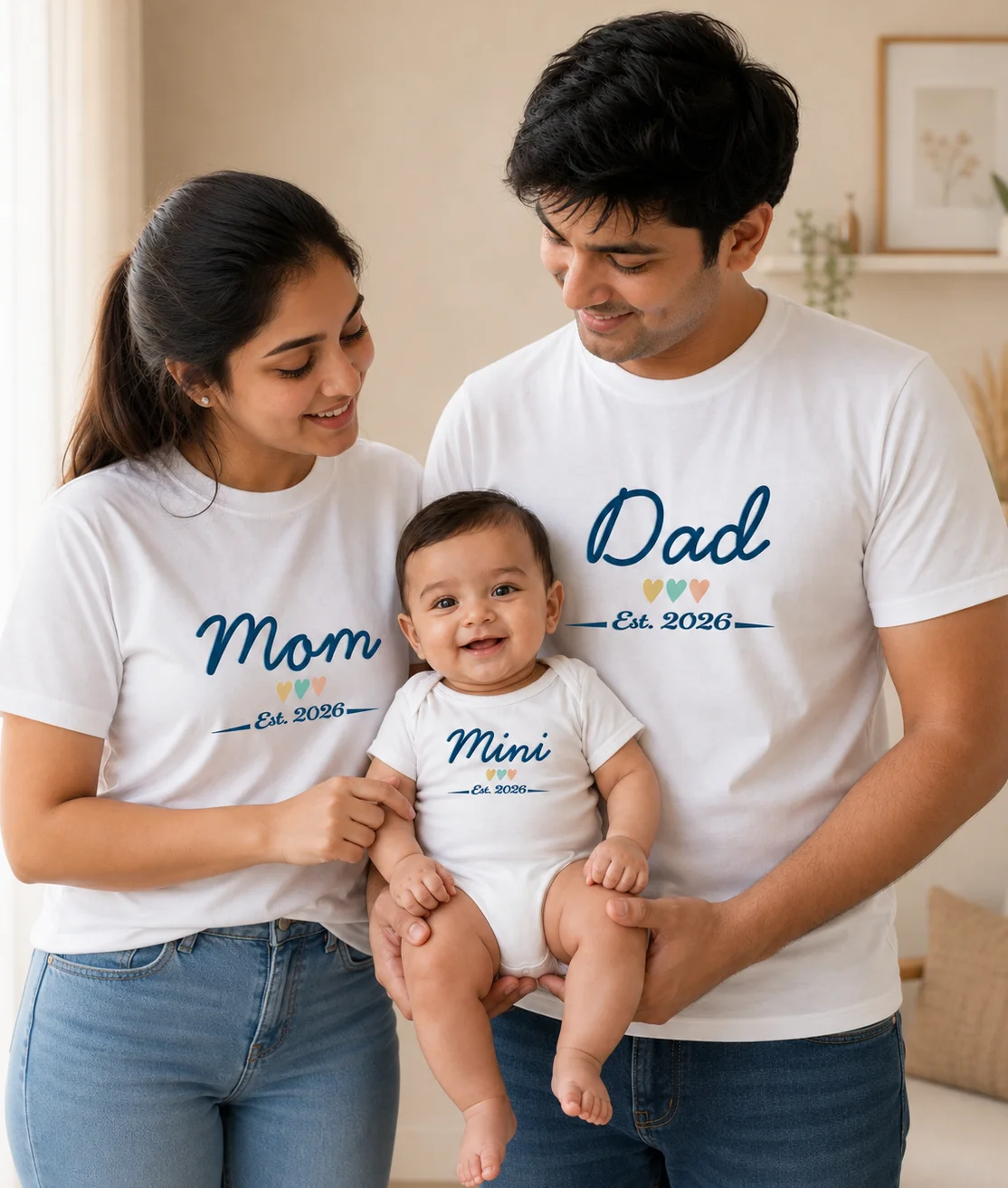 Mom, Dad & Mini Est. 2026 Family Matching Set featuring coordinated T-shirts and baby romper in a family lifestyle photoshoot.
