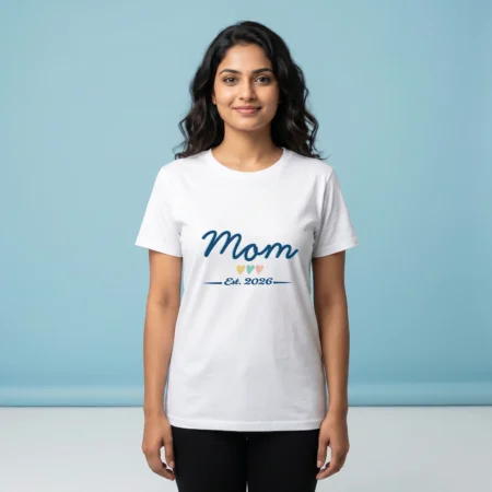 Female wearing a Mom Est. 2026 Classic Tshirt white coloured