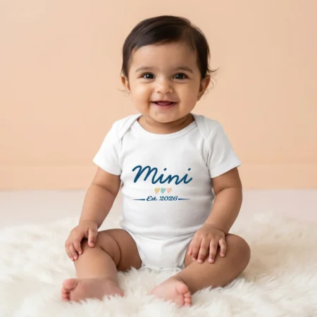 Baby wearing a Mini Est. 2026 baby romper white coloured