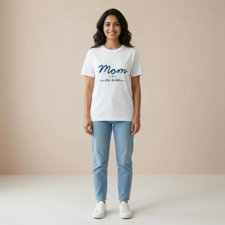 Female model wearing Mom Tshirt white coloured