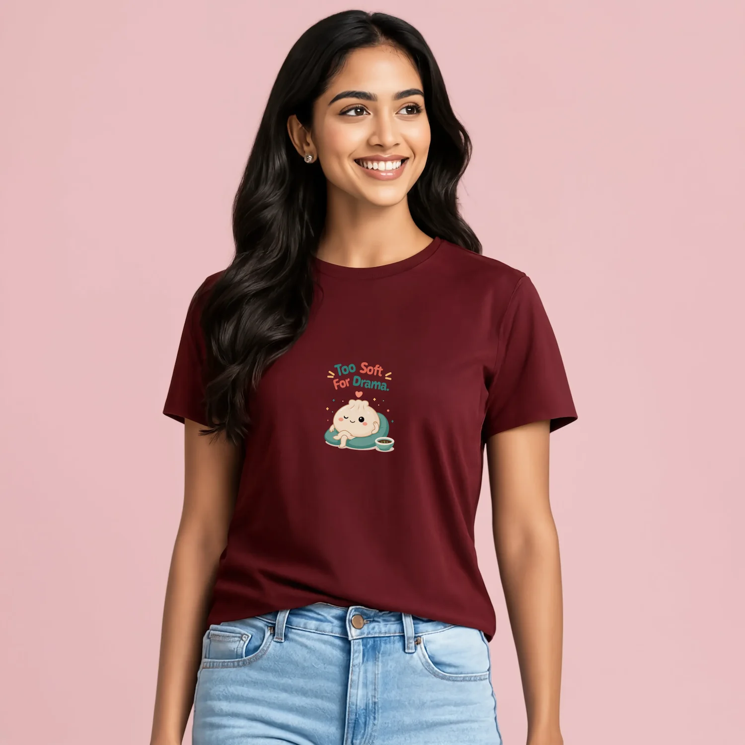 Female model wearing Too soft for drama dumpling tshirt maroon coloured