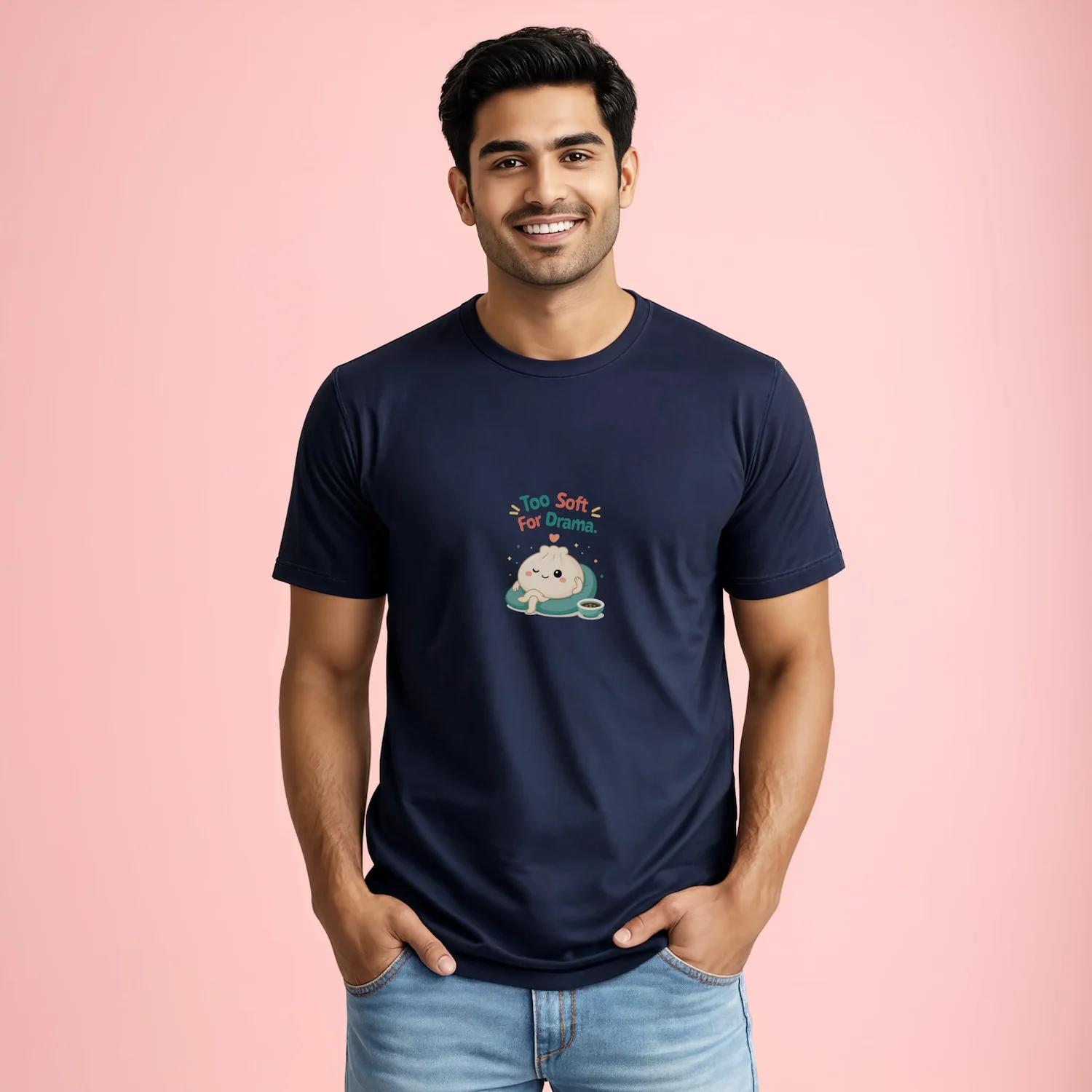 Male model wearing Too soft for drama dumpling tshirt navy blue coloured